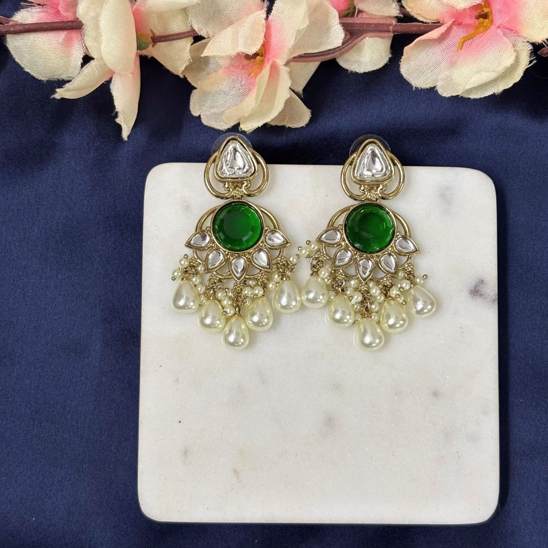 High Quality Gold Plated Emerald Kundan Chandbali Pearl Drop Earrings