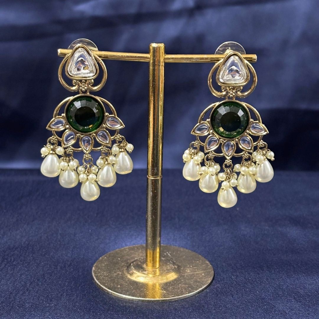 High Quality Gold Plated Emerald Kundan Chandbali Pearl Drop Earrings