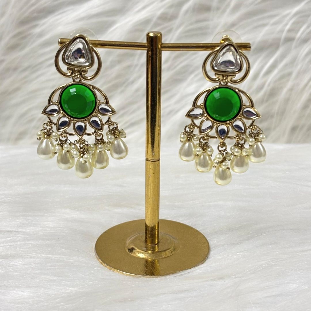 High Quality Gold Plated Emerald Kundan Chandbali Pearl Drop Earrings