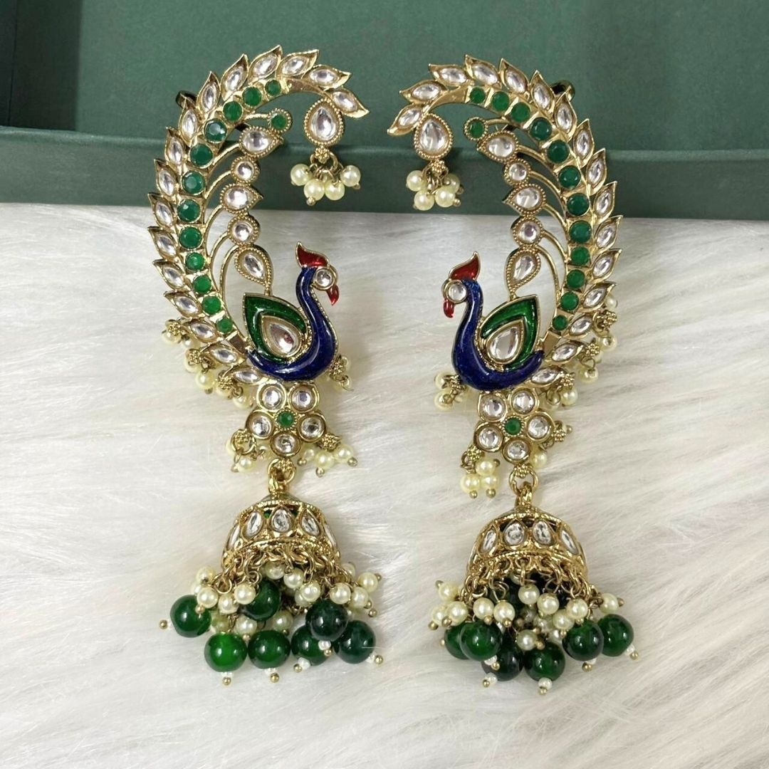 High Quality Gold Plated Heritage Peacock Jhumki Earrings with Kundan & Semi-Cultured Pearls