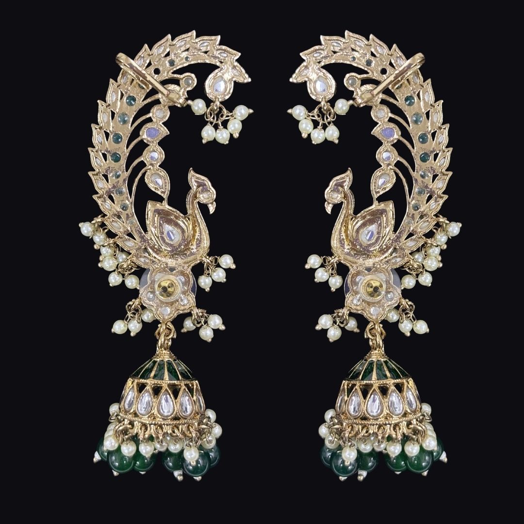 High Quality Gold Plated Heritage Peacock Jhumki Earrings with Kundan & Semi-Cultured Pearls