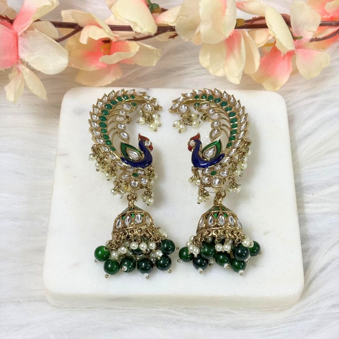 High Quality Gold Plated Heritage Peacock Jhumki Earrings with Kundan & Semi-Cultured Pearls