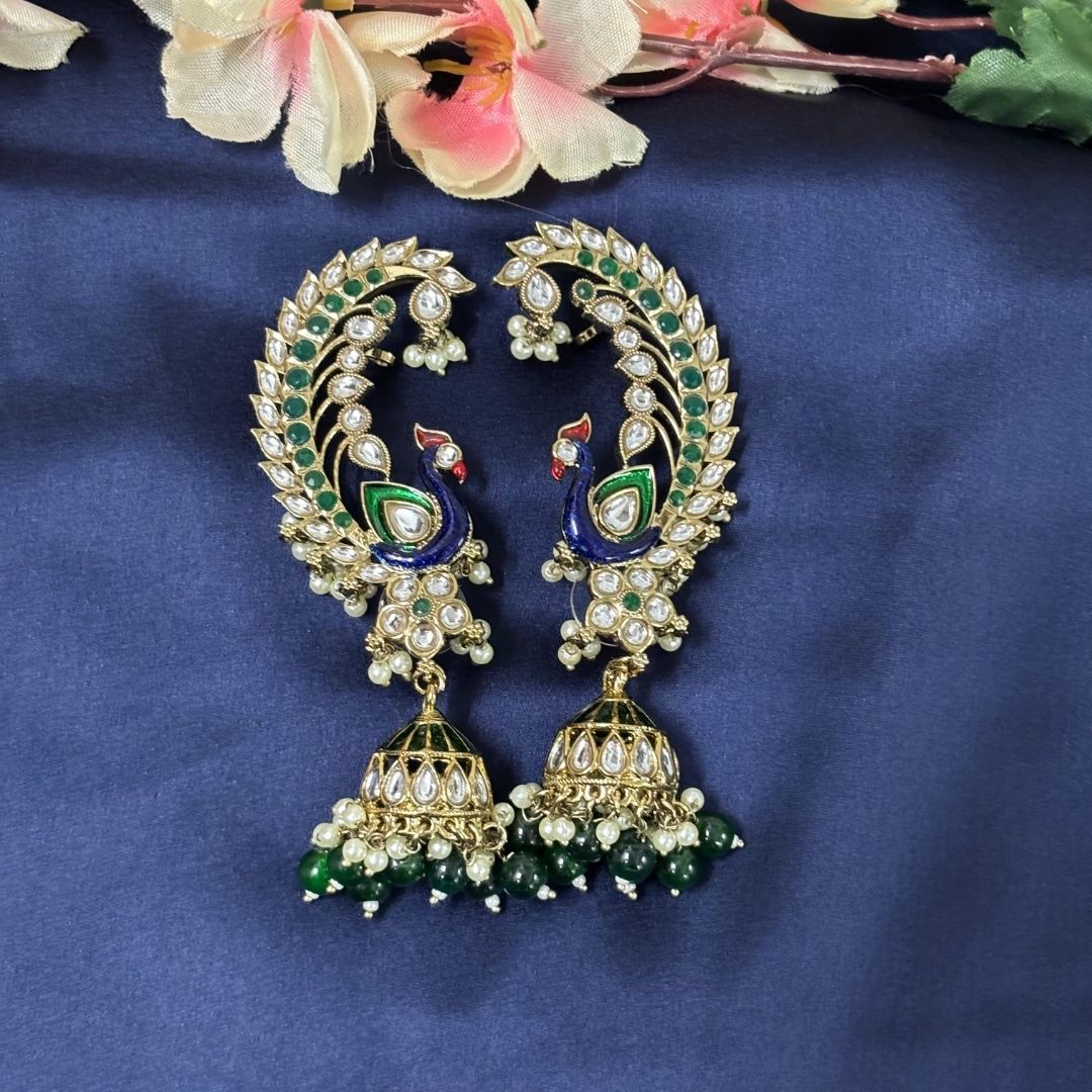 High Quality Gold Plated Heritage Peacock Jhumki Earrings with Kundan & Semi-Cultured Pearls