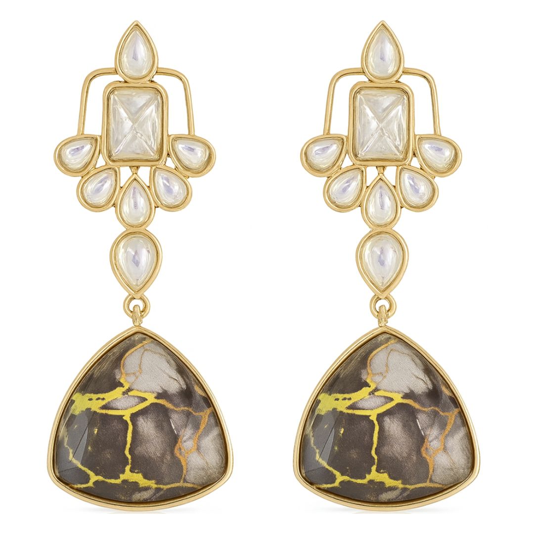 High Quality Gold Plated Black Stone Kundan Drop Earrings