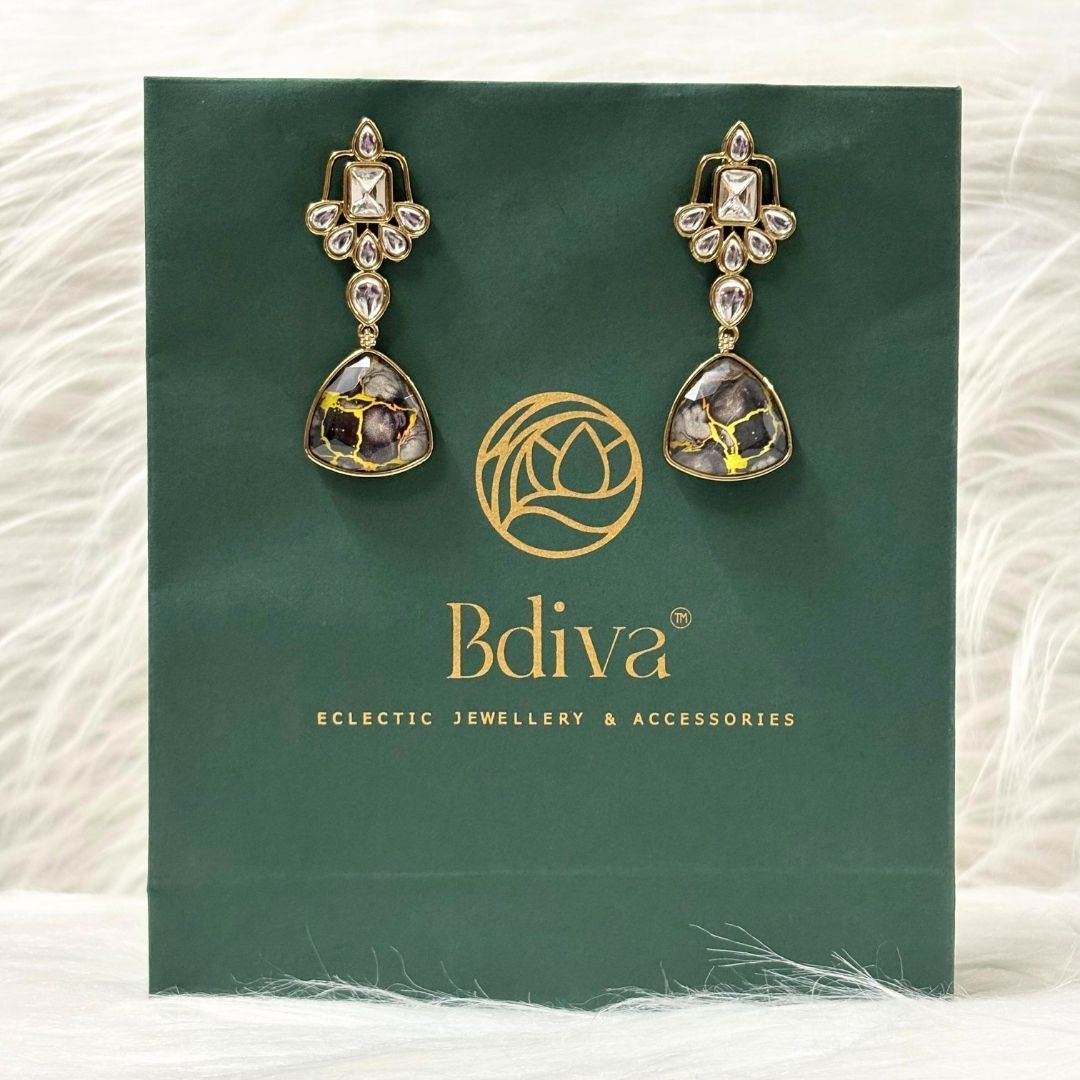 High Quality Gold Plated Black Stone Kundan Drop Earrings