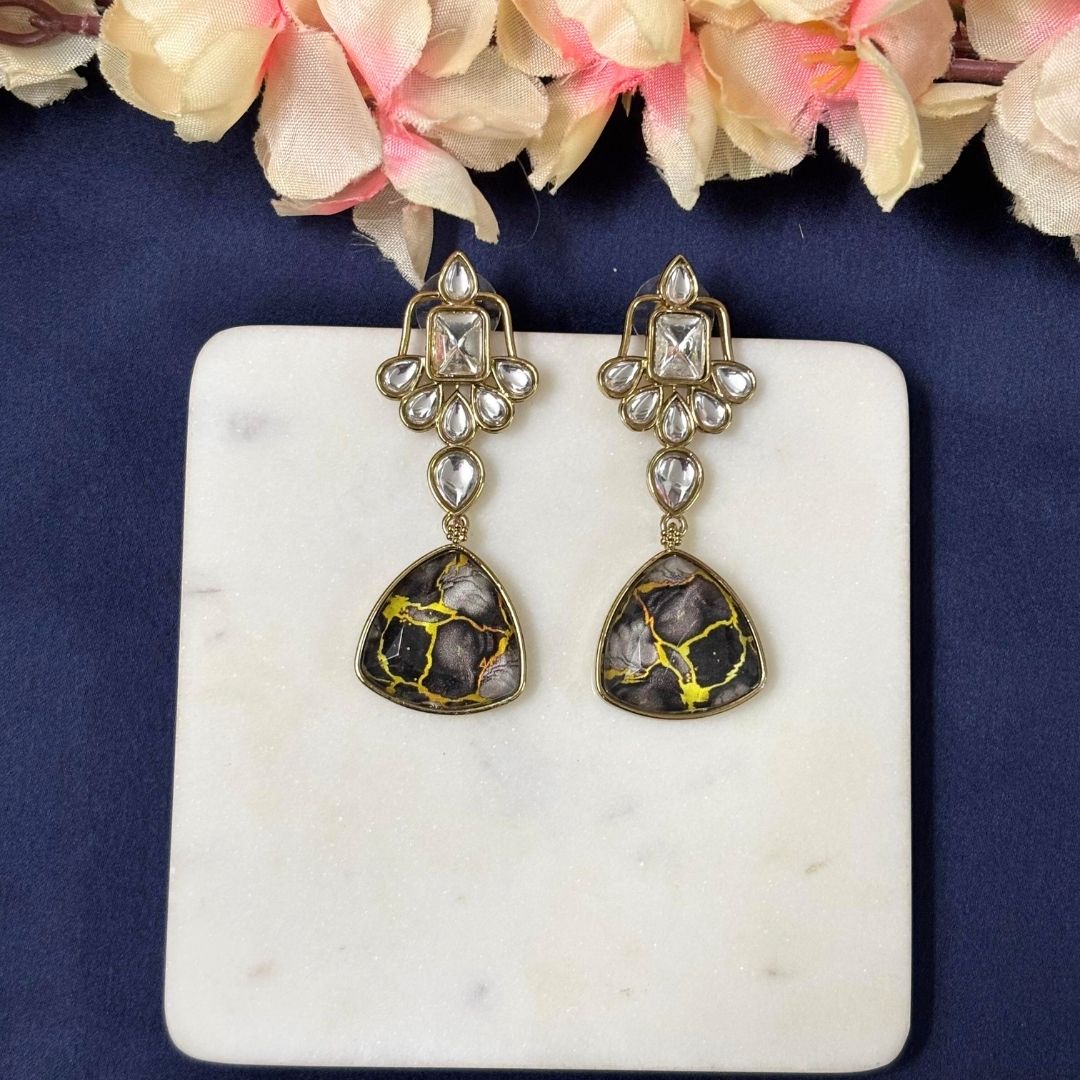 High Quality Gold Plated Black Stone Kundan Drop Earrings
