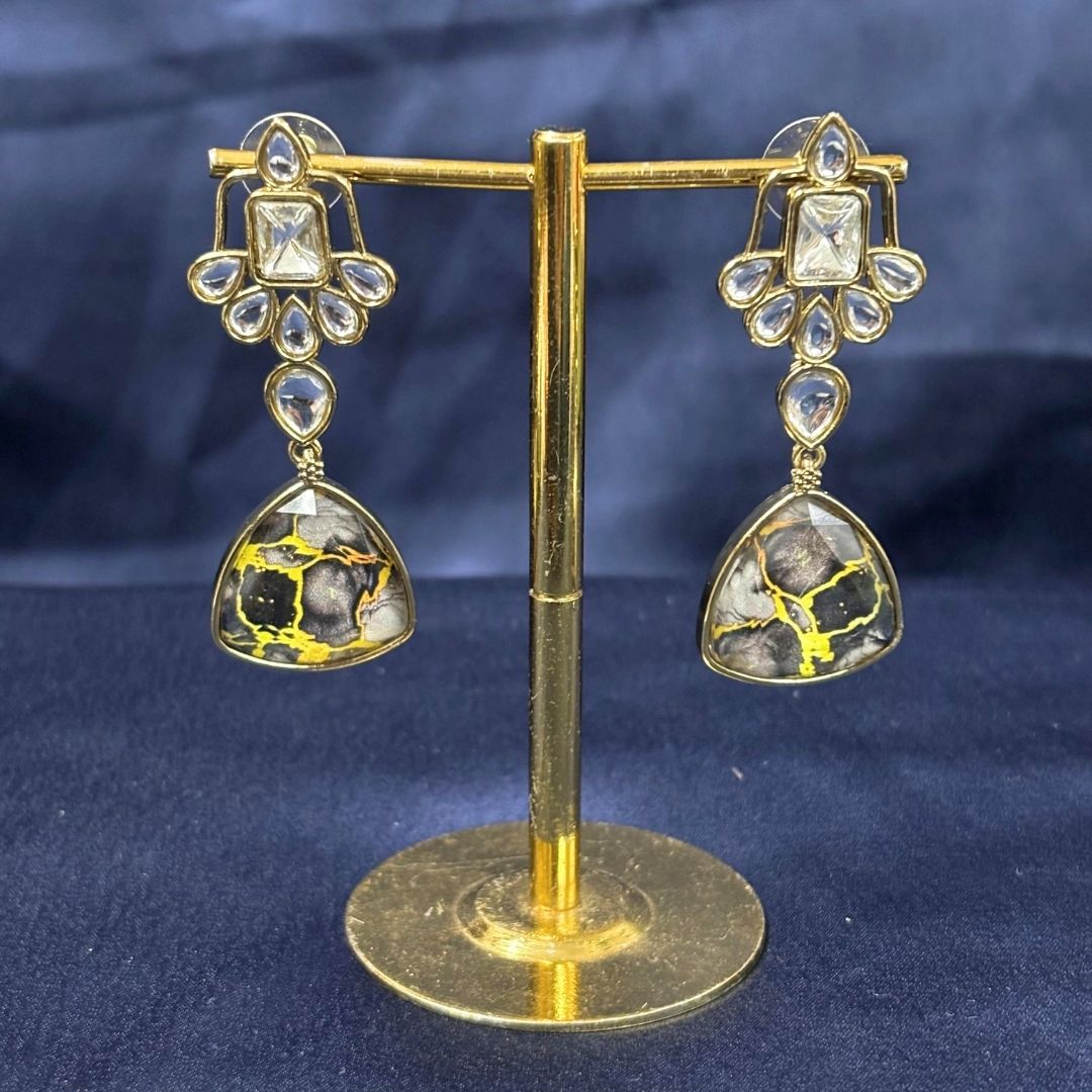 High Quality Gold Plated Black Stone Kundan Drop Earrings