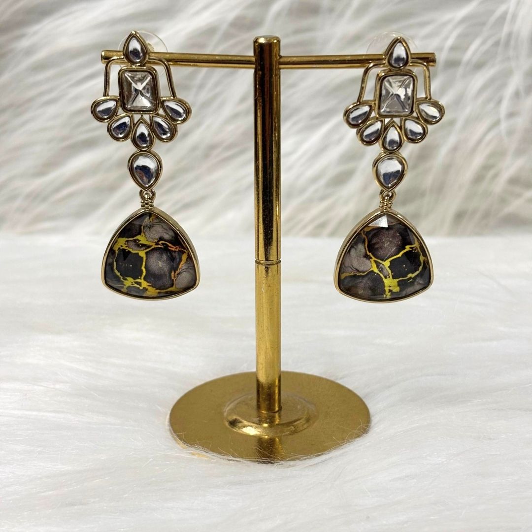 High Quality Gold Plated Black Stone Kundan Drop Earrings