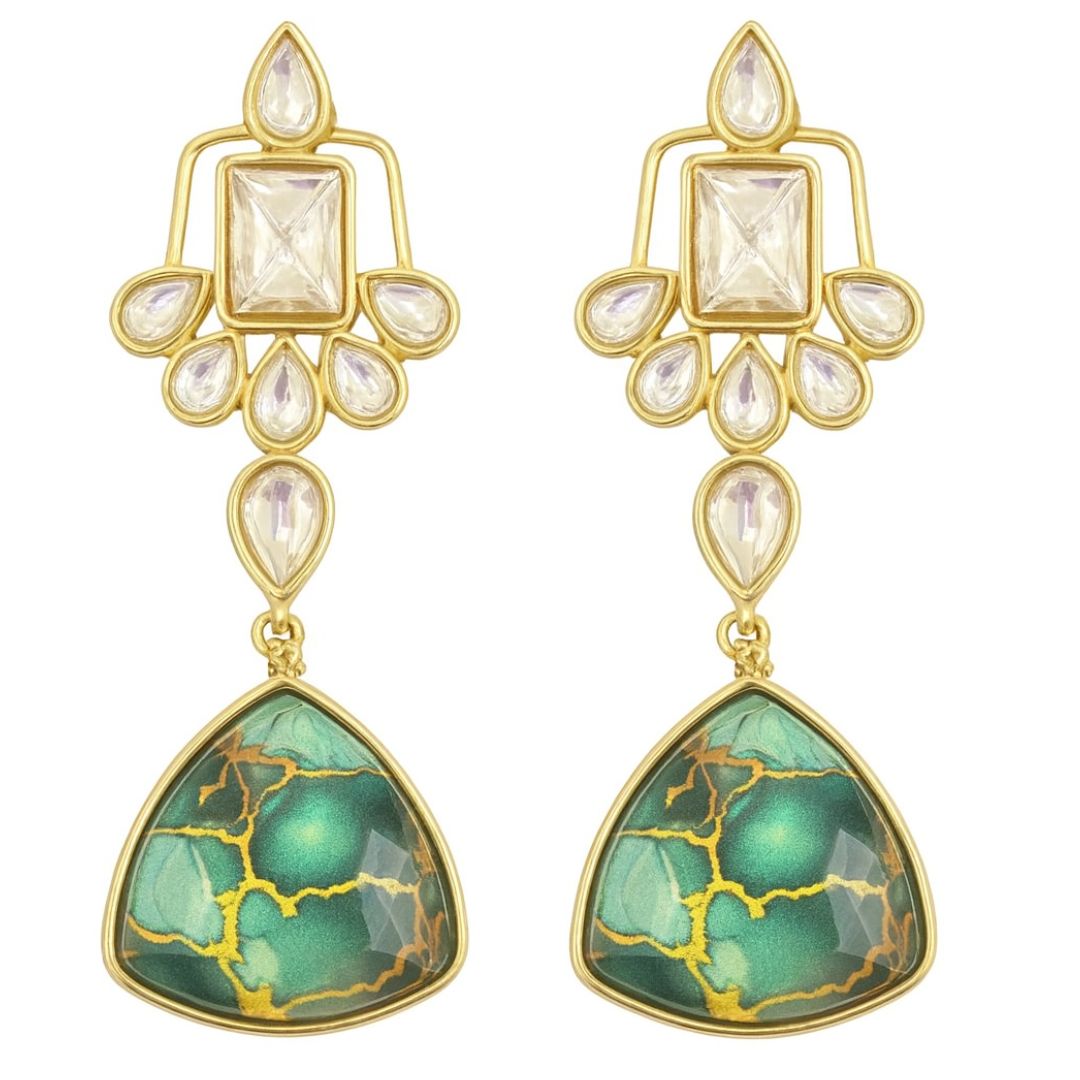 High Quality Gold Plated Dark Green Kundan Art Deco Drop Earrings