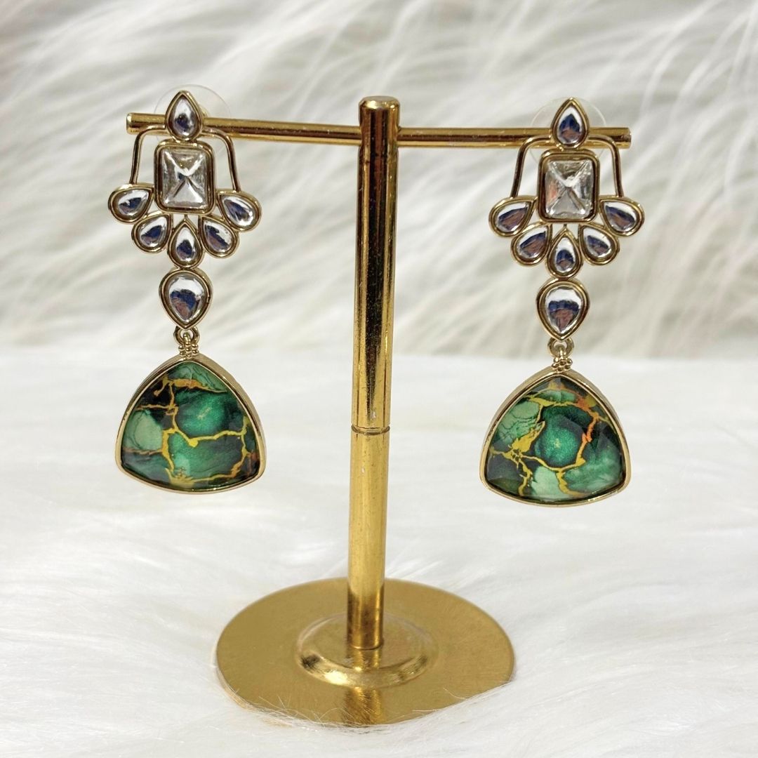 High Quality Gold Plated Dark Green Kundan Art Deco Drop Earrings