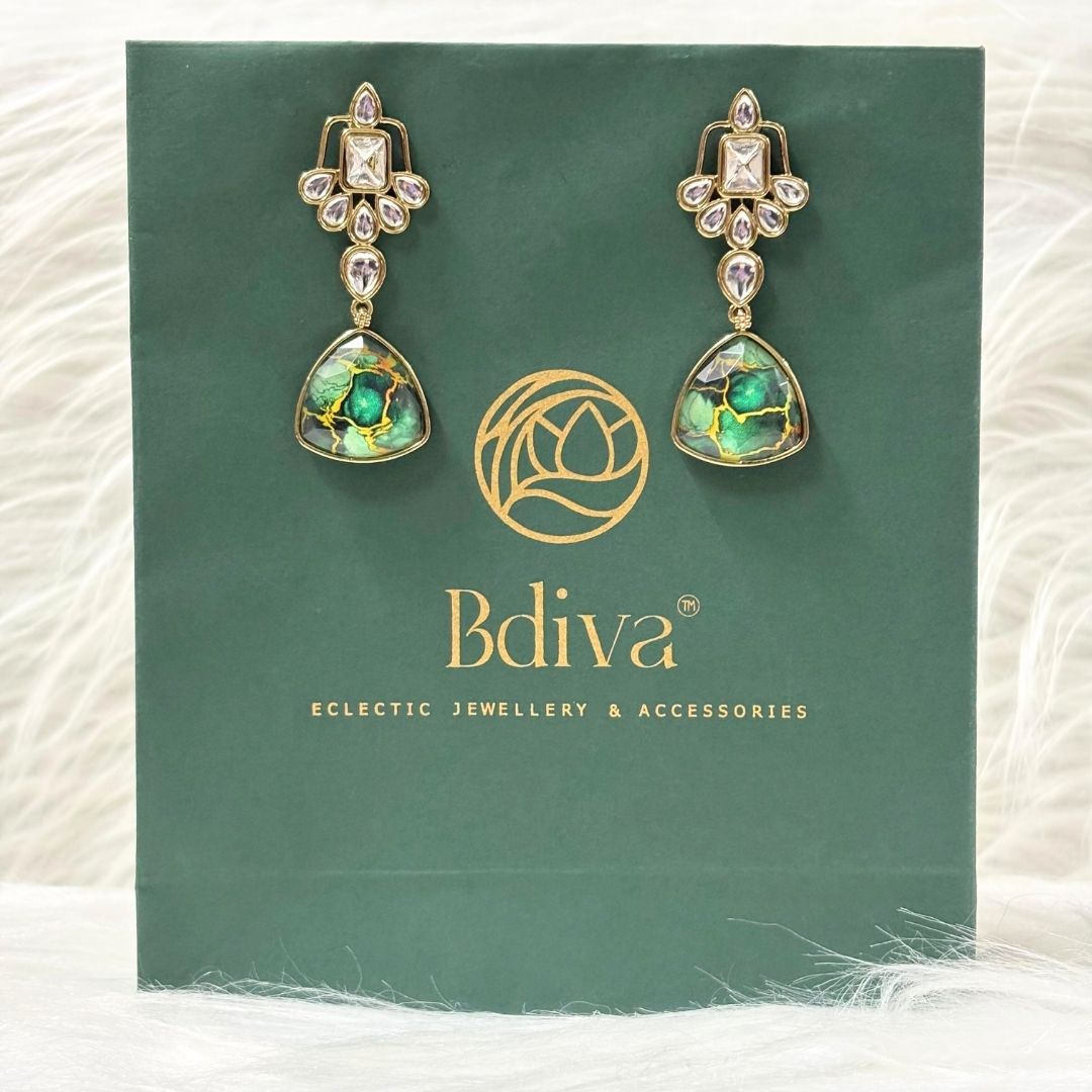 High Quality Gold Plated Dark Green Kundan Art Deco Drop Earrings