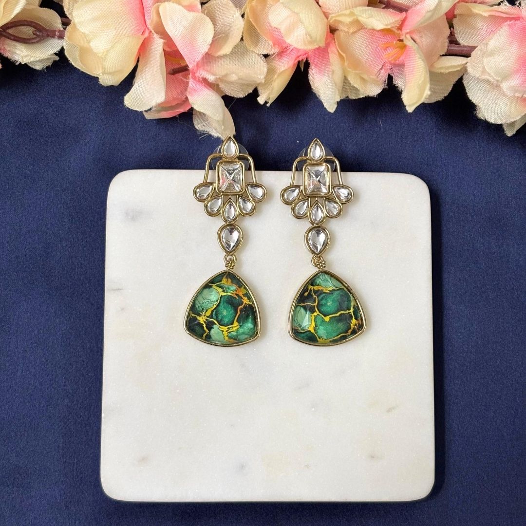 High Quality Gold Plated Dark Green Kundan Art Deco Drop Earrings