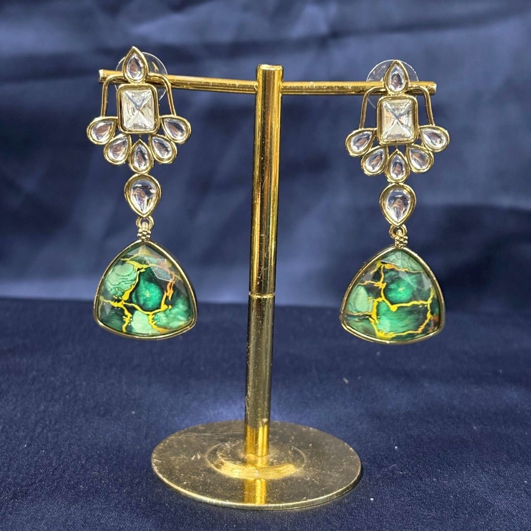 High Quality Gold Plated Dark Green Kundan Art Deco Drop Earrings