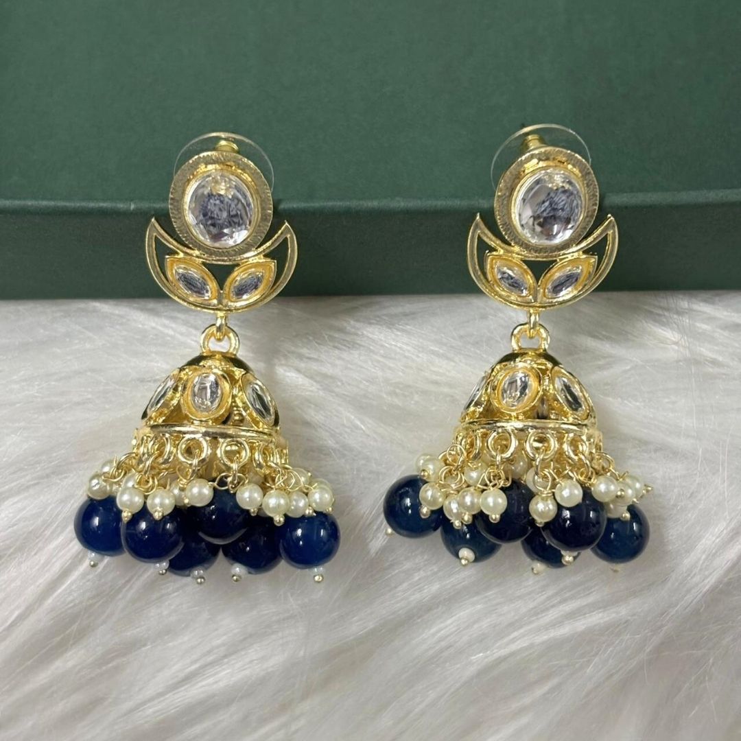 High Quality Gold Plated Navy Blue Kundan Jhumki Drop Earrings