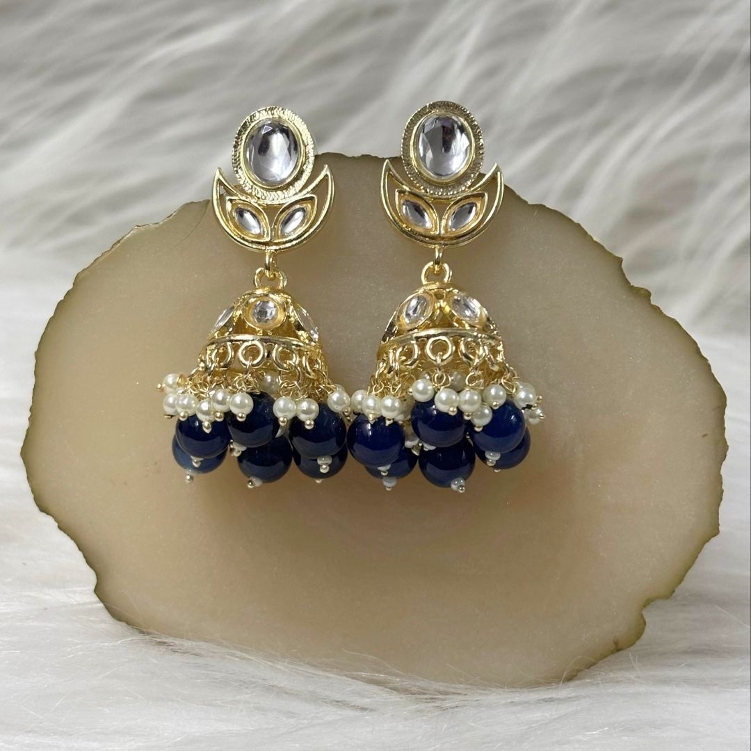 High Quality Gold Plated Navy Blue Kundan Jhumki Drop Earrings