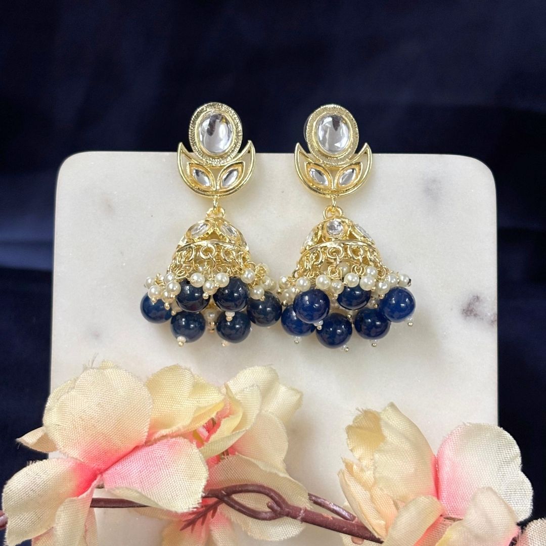 High Quality Gold Plated Navy Blue Kundan Jhumki Drop Earrings