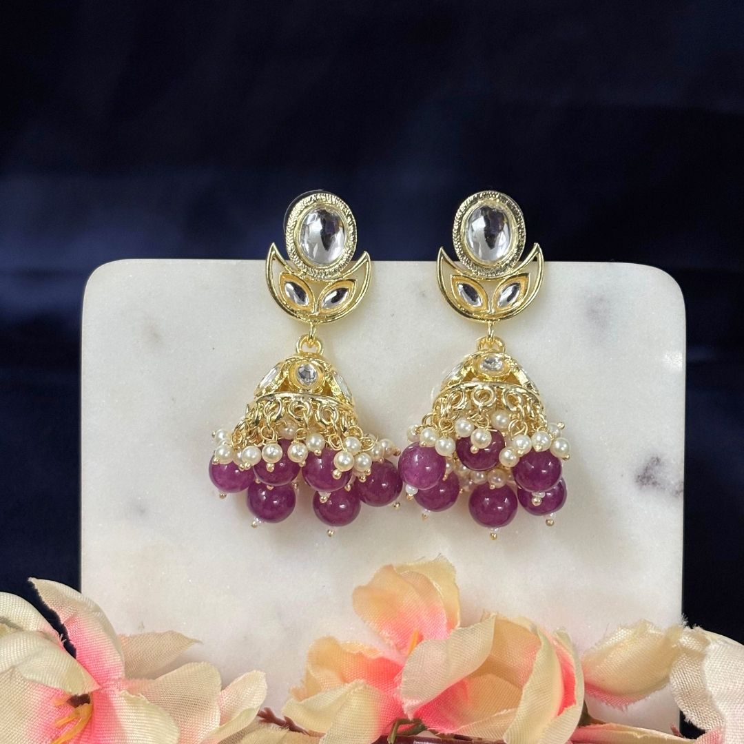 High Quality Gold Plated Dark Pink Kundan Jhumki Drop Earrings