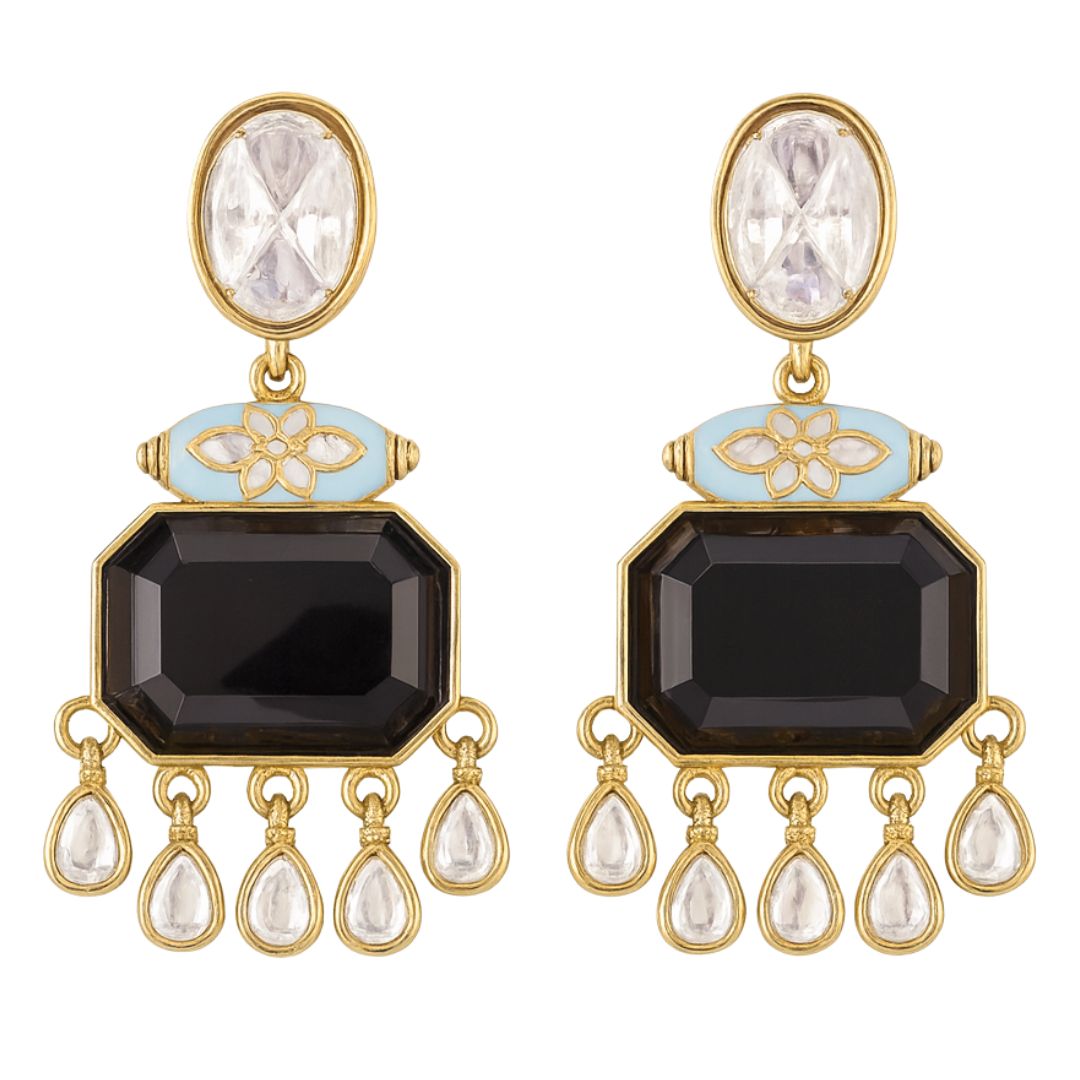 High Quality Gold Plated Blush Pink Kundan and Blue Meenakari Drop Earrings