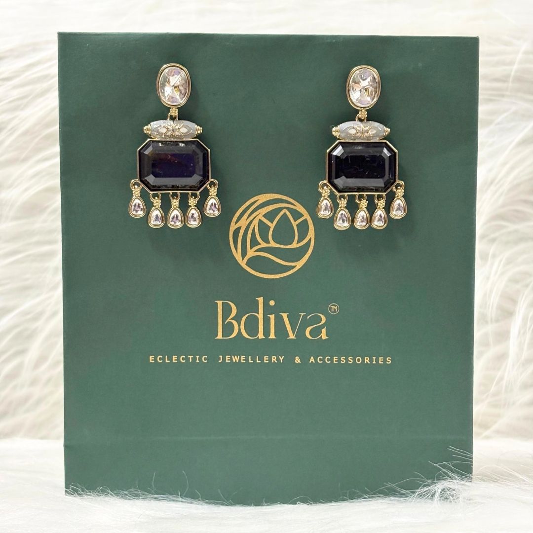 High Quality Gold Plated Blush Pink Kundan and Blue Meenakari Drop Earrings