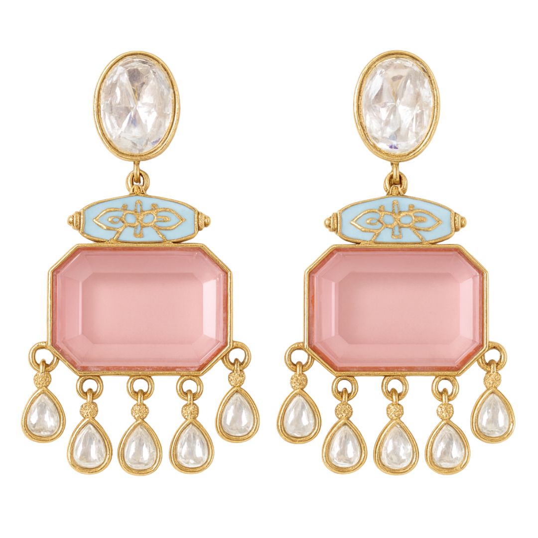 High Quality Gold Plated Blush Pink Kundan and Blue Meenakari Drop Earrings