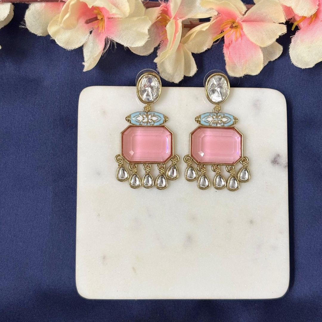 High Quality Gold Plated Blush Pink Kundan and Blue Meenakari Drop Earrings
