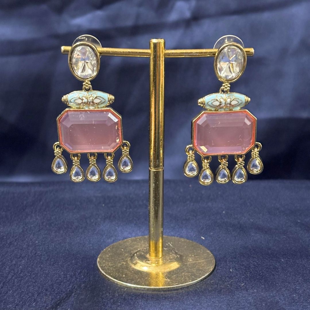 High Quality Gold Plated Blush Pink Kundan and Blue Meenakari Drop Earrings