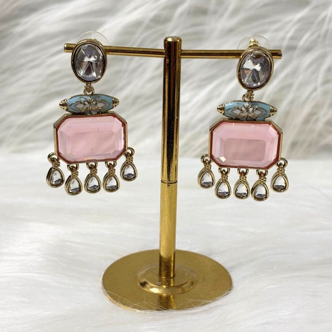 High Quality Gold Plated Blush Pink Kundan and Blue Meenakari Drop Earrings