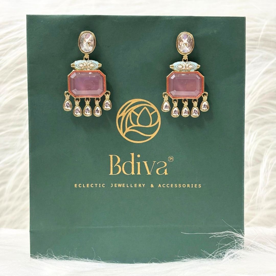 High Quality Gold Plated Blush Pink Kundan and Blue Meenakari Drop Earrings
