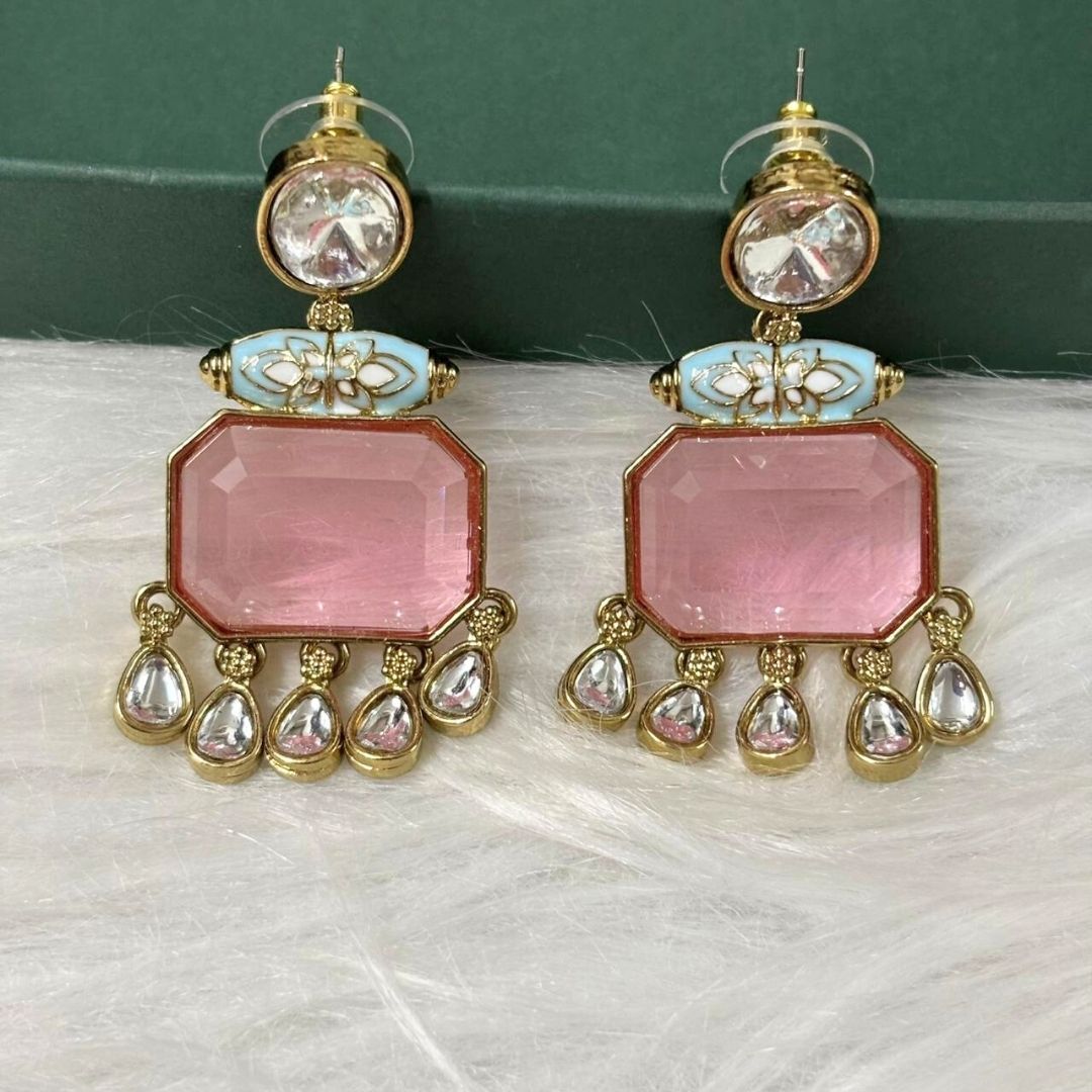 High Quality Gold Plated Blush Pink Kundan and Blue Meenakari Drop Earrings