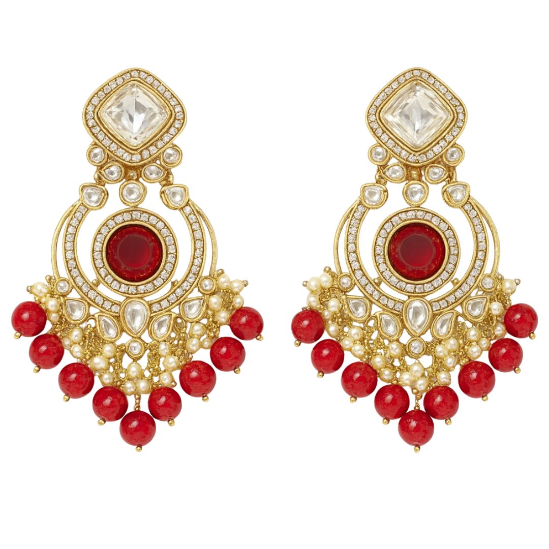 High Quality Gold Plated Red Chandbali Drop Earrings with Kundan & Pearls