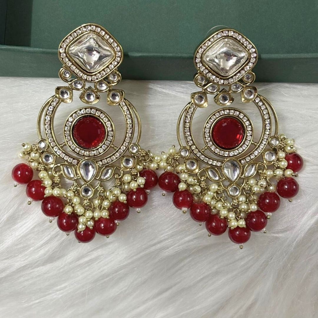High Quality Gold Plated Red Chandbali Drop Earrings with Kundan & Pearls