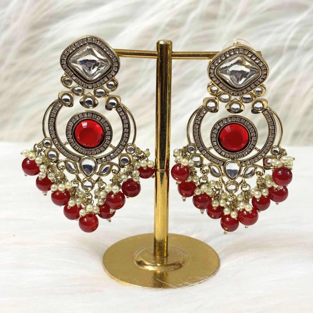 High Quality Gold Plated Red Chandbali Drop Earrings with Kundan & Pearls