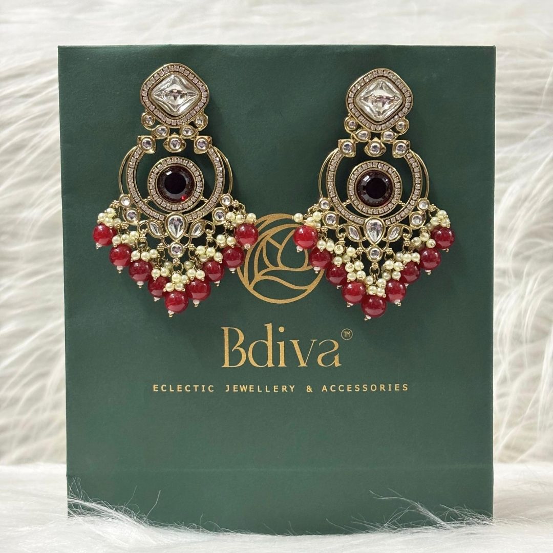 High Quality Gold Plated Red Chandbali Drop Earrings with Kundan & Pearls