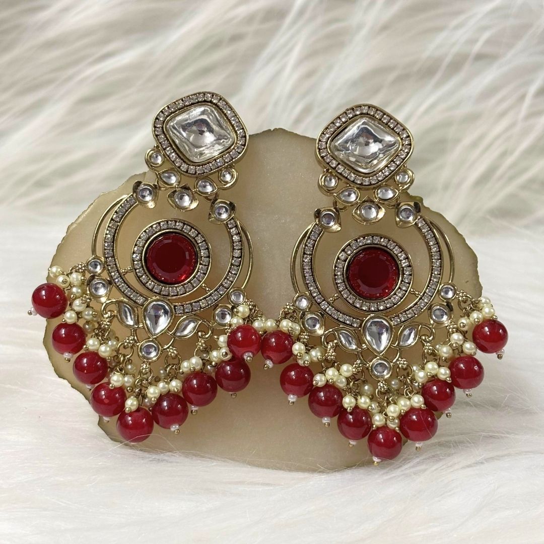 High Quality Gold Plated Red Chandbali Drop Earrings with Kundan & Pearls