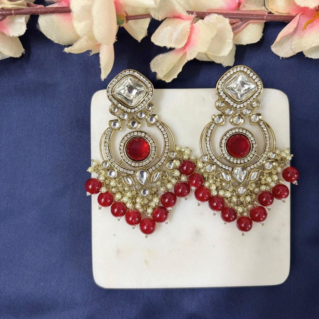 High Quality Gold Plated Red Chandbali Drop Earrings with Kundan & Pearls
