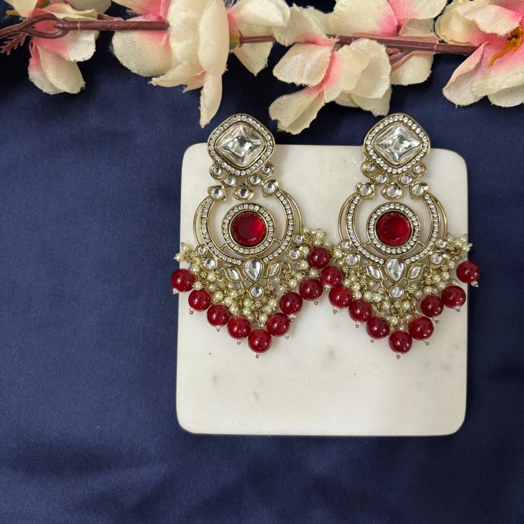 High Quality Gold Plated Red Chandbali Drop Earrings with Kundan & Pearls