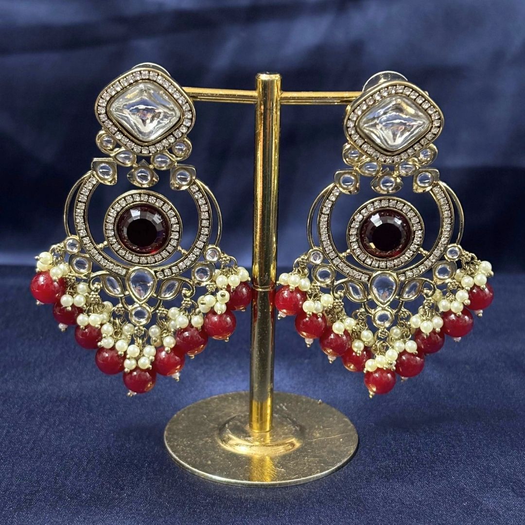 High Quality Gold Plated Red Chandbali Drop Earrings with Kundan & Pearls