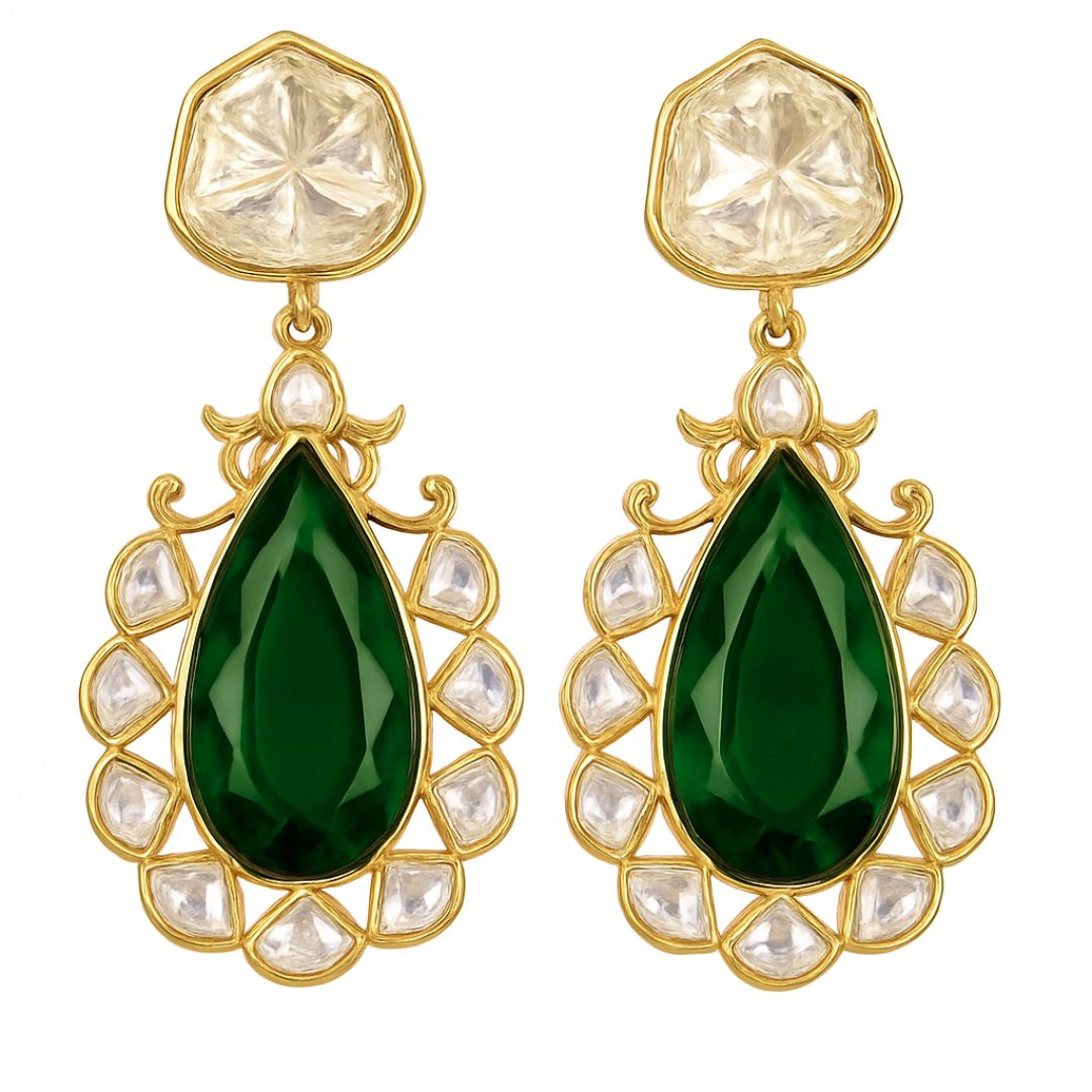 High Quality Gold Plated Emerald Kundan Pear Drop Earrings