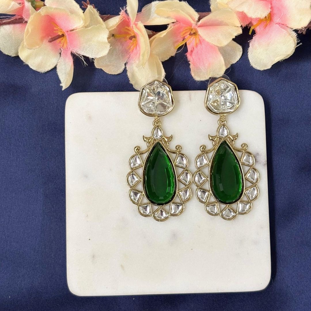 High Quality Gold Plated Emerald Kundan Pear Drop Earrings