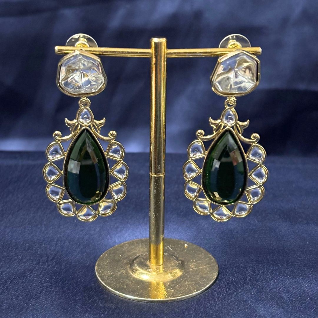 High Quality Gold Plated Emerald Kundan Pear Drop Earrings