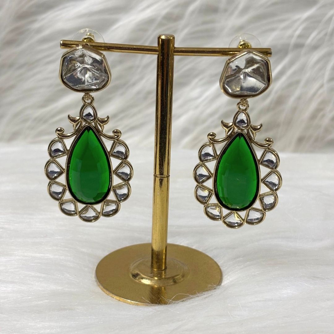 High Quality Gold Plated Emerald Kundan Pear Drop Earrings