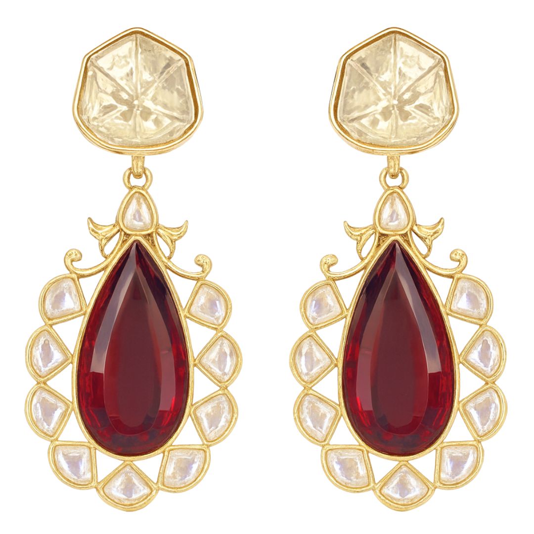 High Quality Gold Plated Royal Red Kundan Pear Drop Earrings