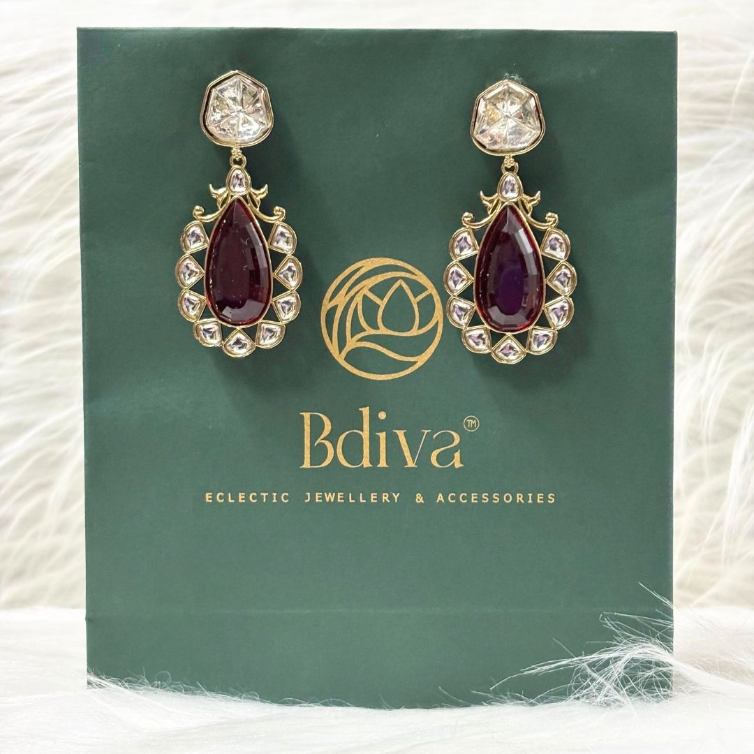 High Quality Gold Plated Royal Red Kundan Pear Drop Earrings