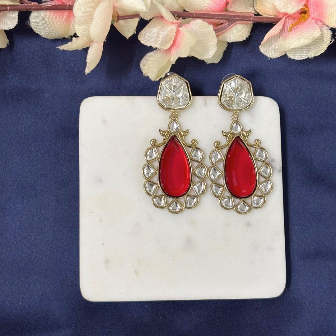 High Quality Gold Plated Royal Red Kundan Pear Drop Earrings