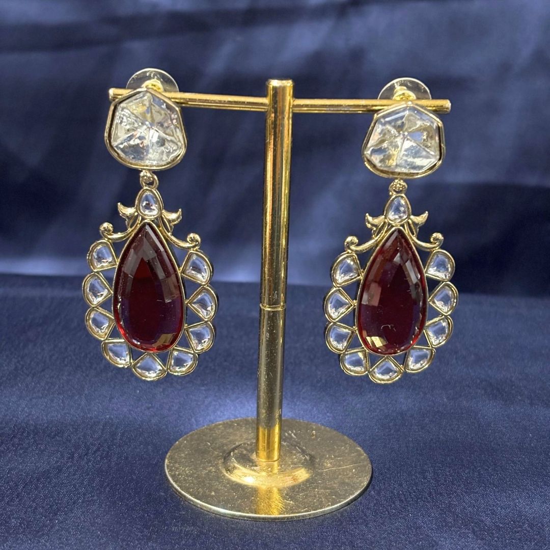 High Quality Gold Plated Royal Red Kundan Pear Drop Earrings