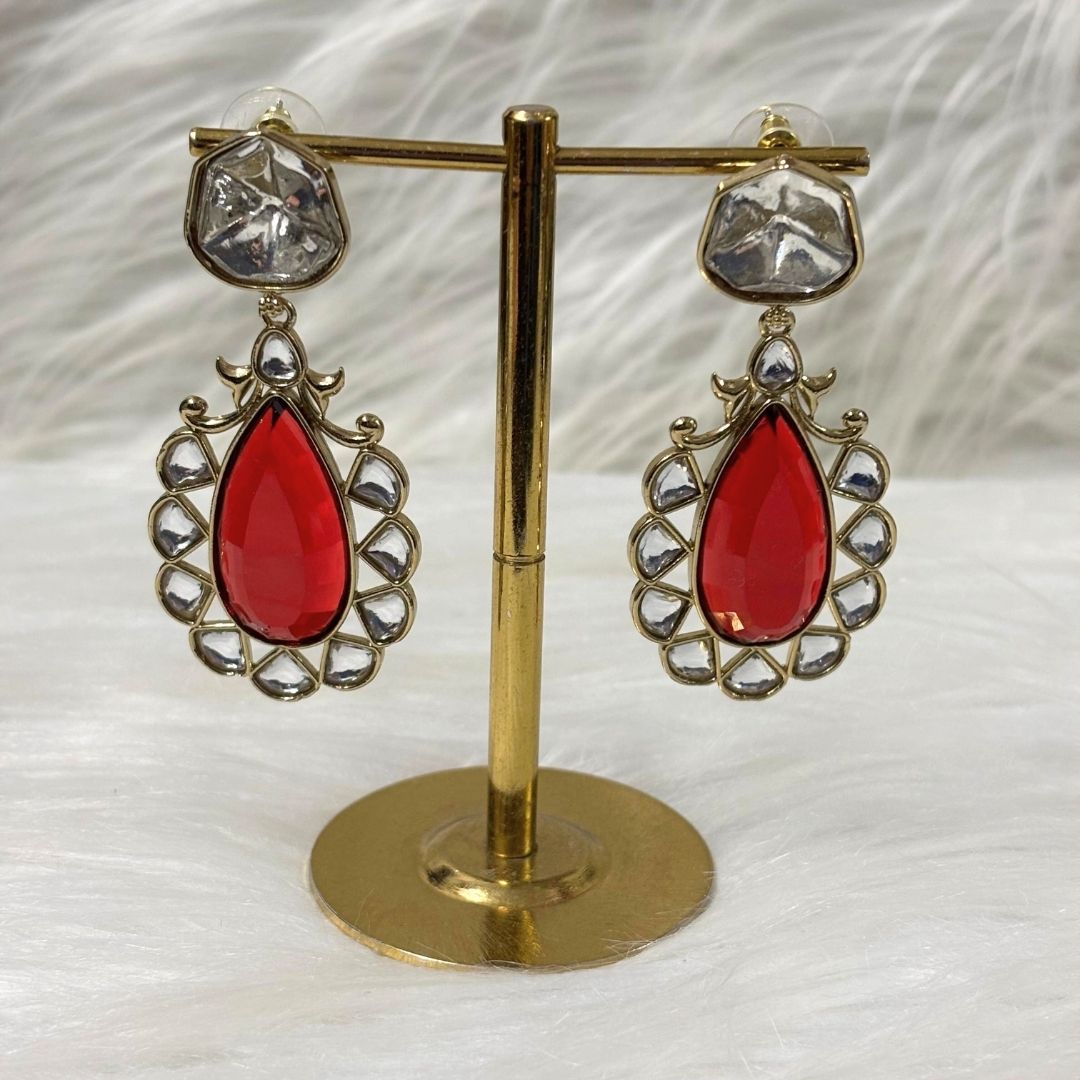High Quality Gold Plated Royal Red Kundan Pear Drop Earrings