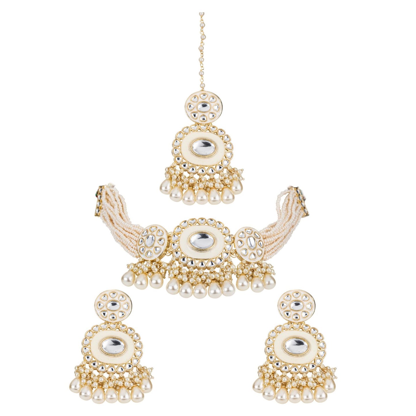 Bdiva 18K Gold Plated Kundan Semi Cultured White Pearl Choker with Maangtika.