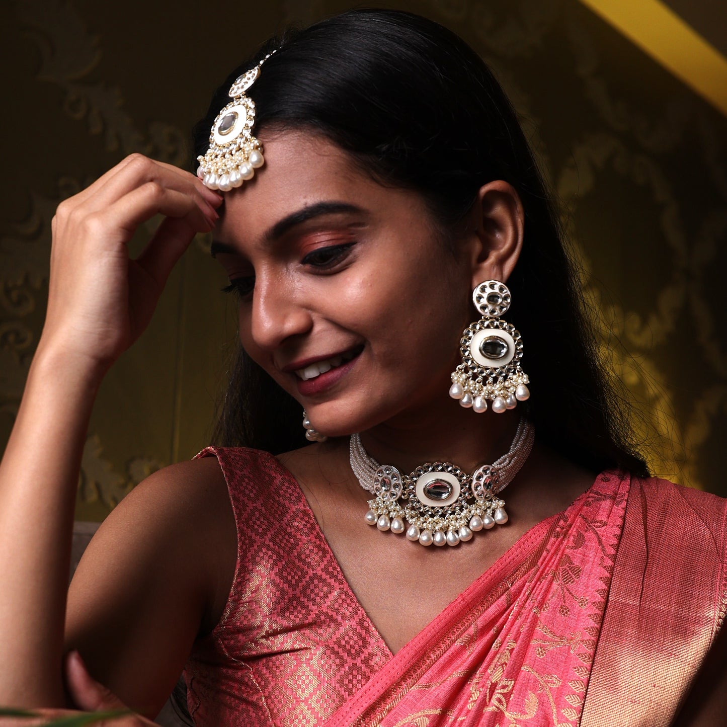Bdiva 18K Gold Plated Kundan Semi Cultured White Pearl Choker with Maangtika.