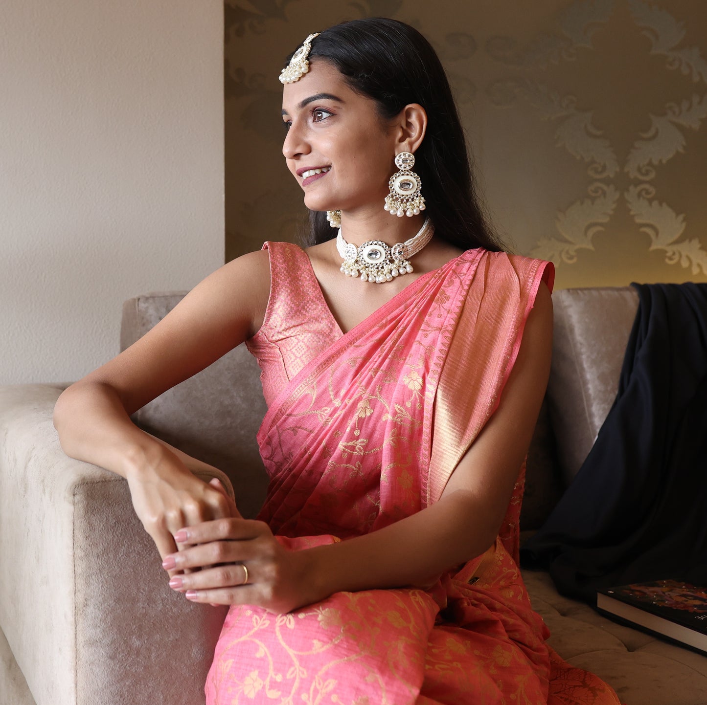 Bdiva 18K Gold Plated Kundan Semi Cultured White Pearl Choker with Maangtika.