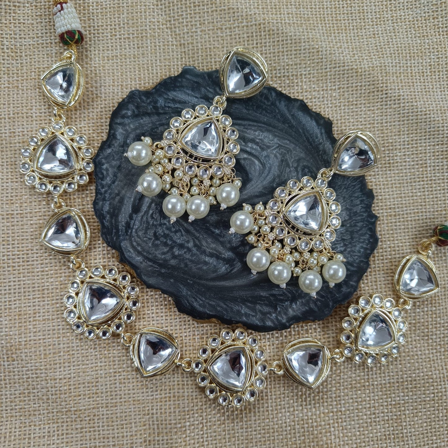 18K Gold Plated Nine Stone Kundan Semi Cultured White Pearl Choker with Maangtika.